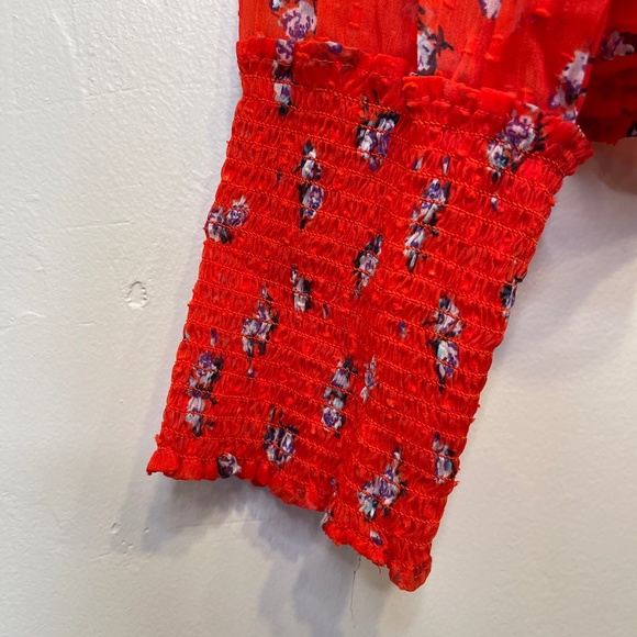 FP | Red Floral Flowers In December Sheer Floral Blouson Sleeve Popover Blouse - Picture 8 of 13